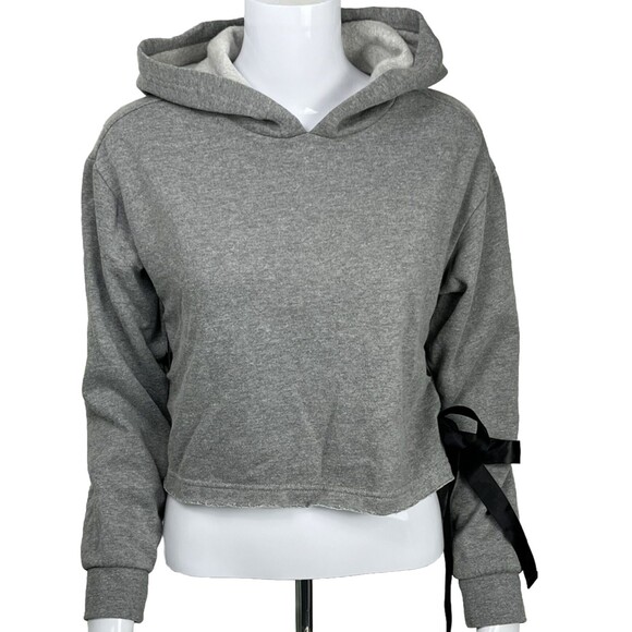 G by Guess Crop Hoodie Sweatshirt Long Sleeves Black Ribbon Side Ties Gray Small - Picture 2 of 4